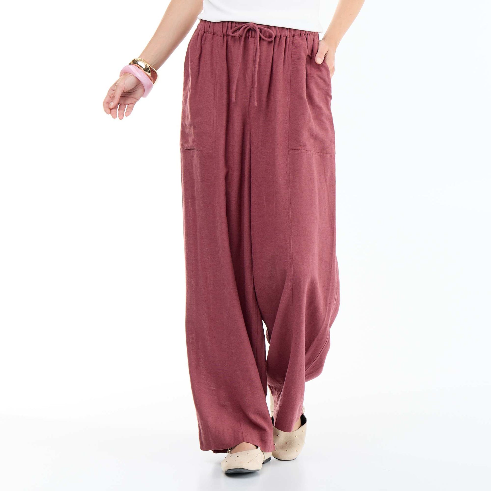 Pantalon large uni à taille haute pour femme ROSE