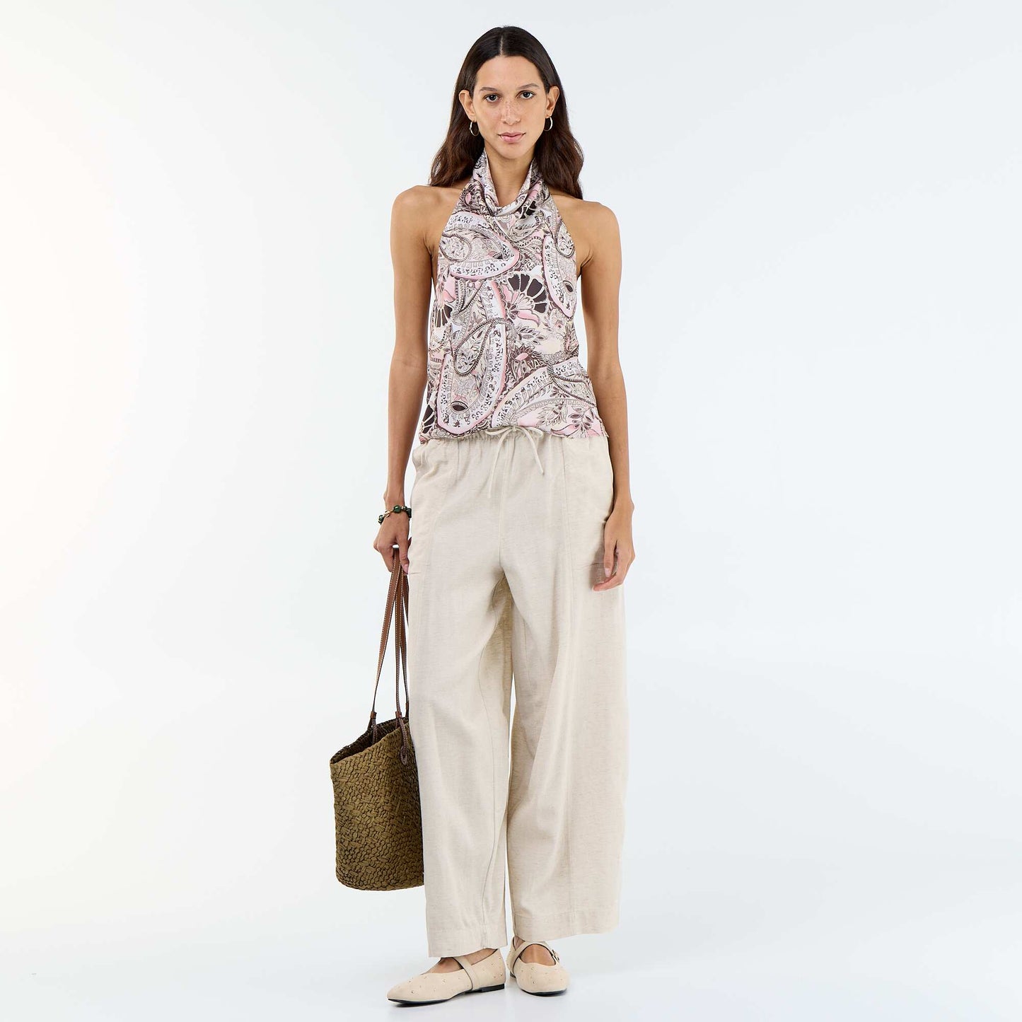 Pantalon femme en toile légère à coupe large et taille haute BLANC