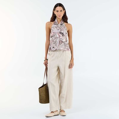 Pantalon femme en toile légère à coupe large et taille haute BLANC