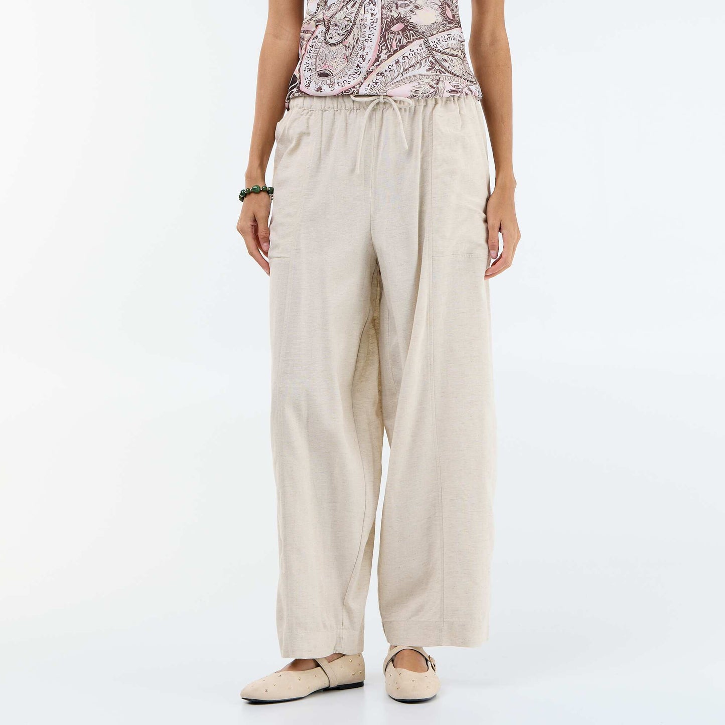 Pantalon femme en toile légère à coupe large et taille haute BLANC