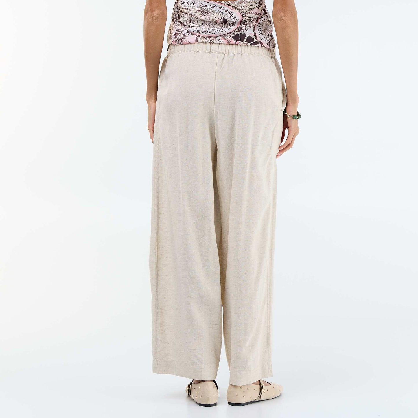 Pantalon femme en toile légère à coupe large et taille haute BLANC