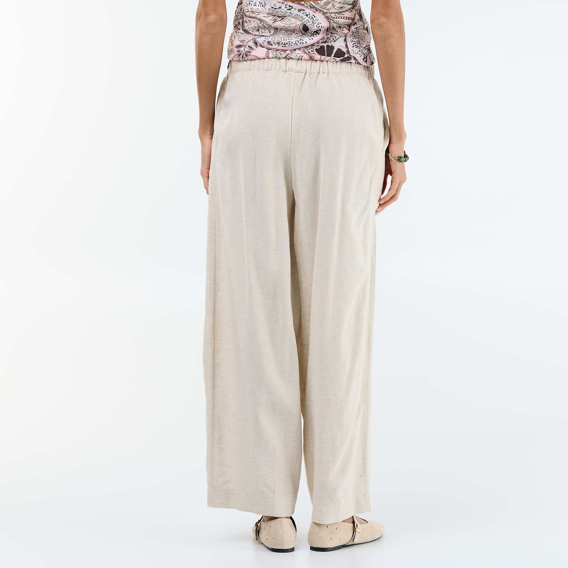 Pantalon femme en toile légère à coupe large et taille haute BLANC