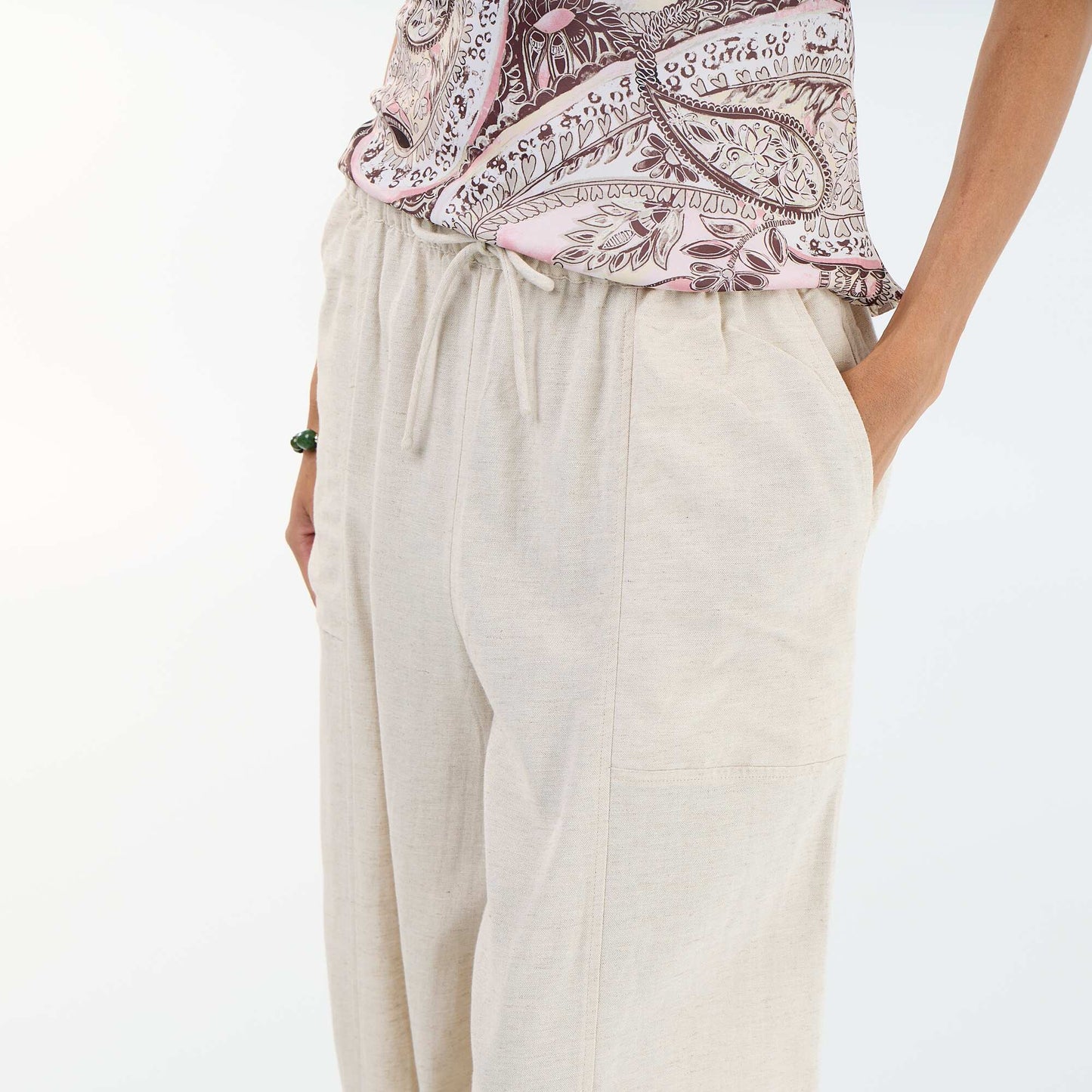 Pantalon femme en toile légère à coupe large et taille haute BLANC