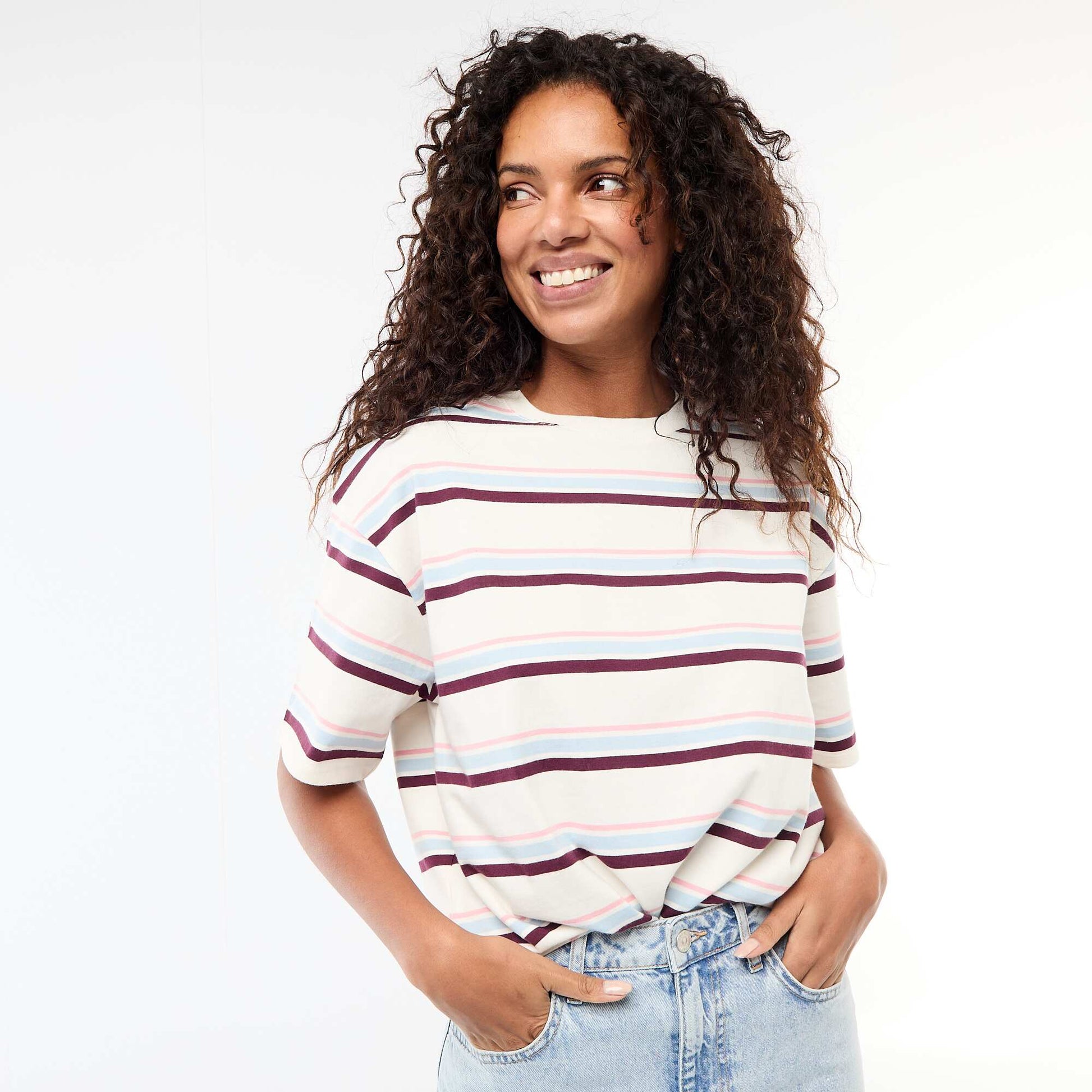 T-shirt en jersey rayé à manches courtes BLANC