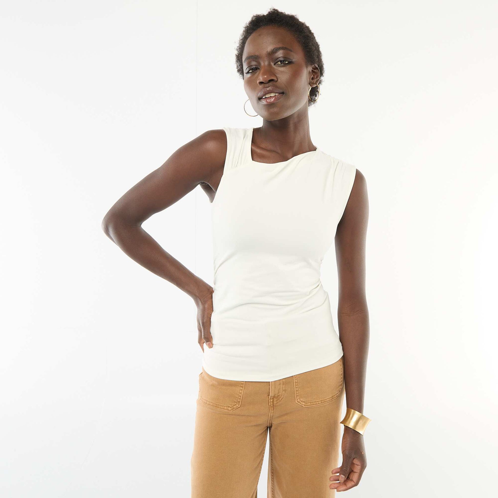 T-shirt stretch uni asymétrique BLANC