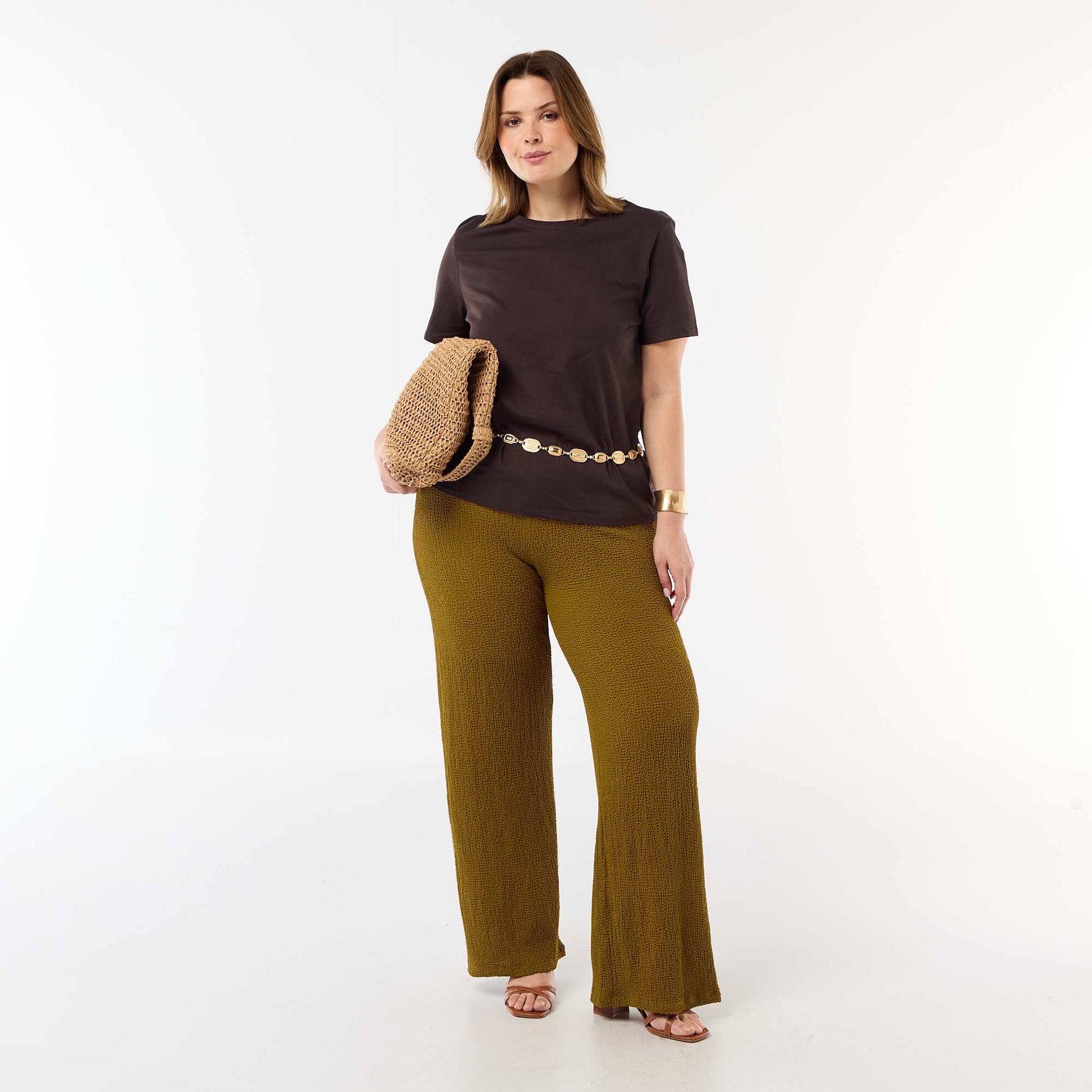 Pantalon large en maille gaufrée MARRON