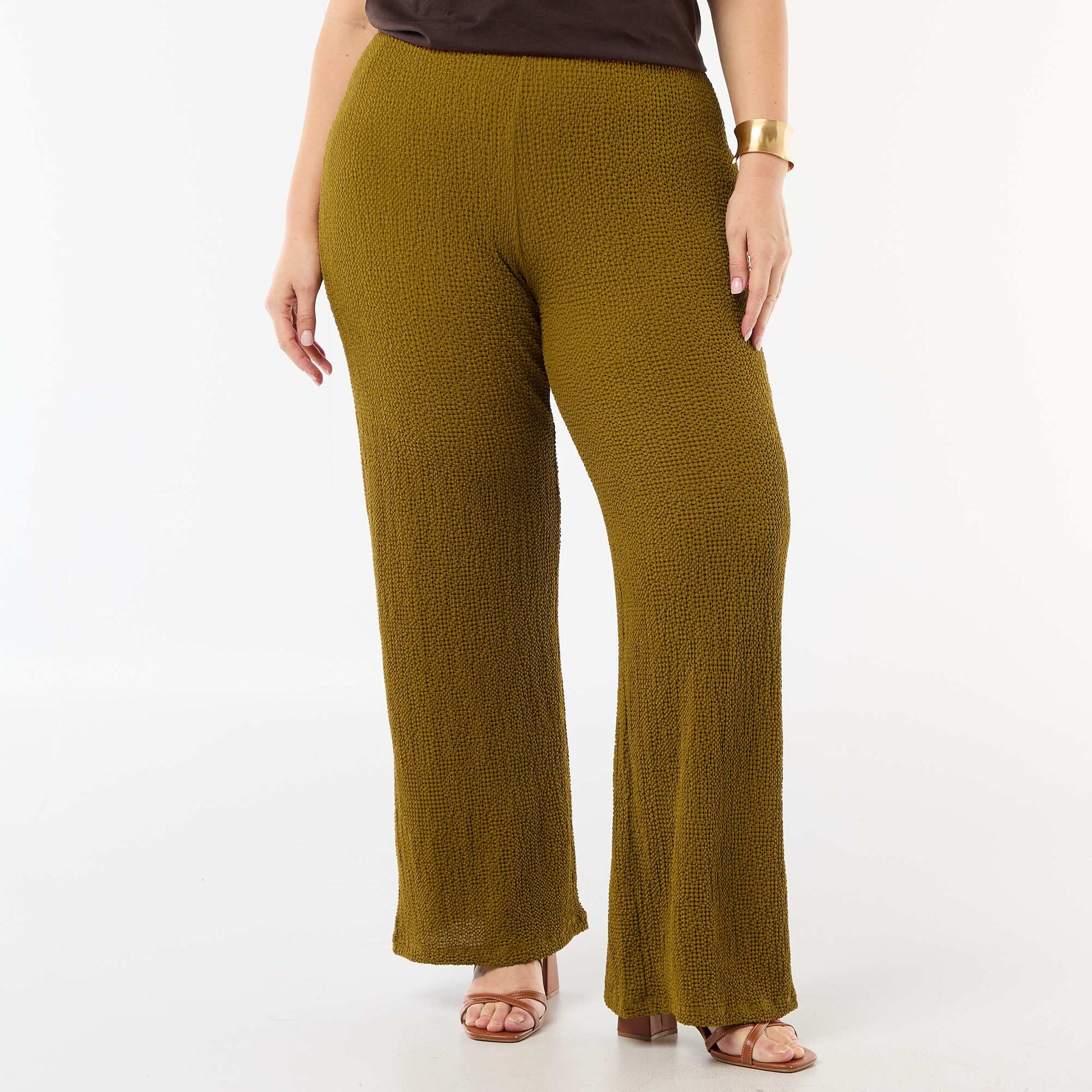 Pantalon large en maille gaufrée MARRON