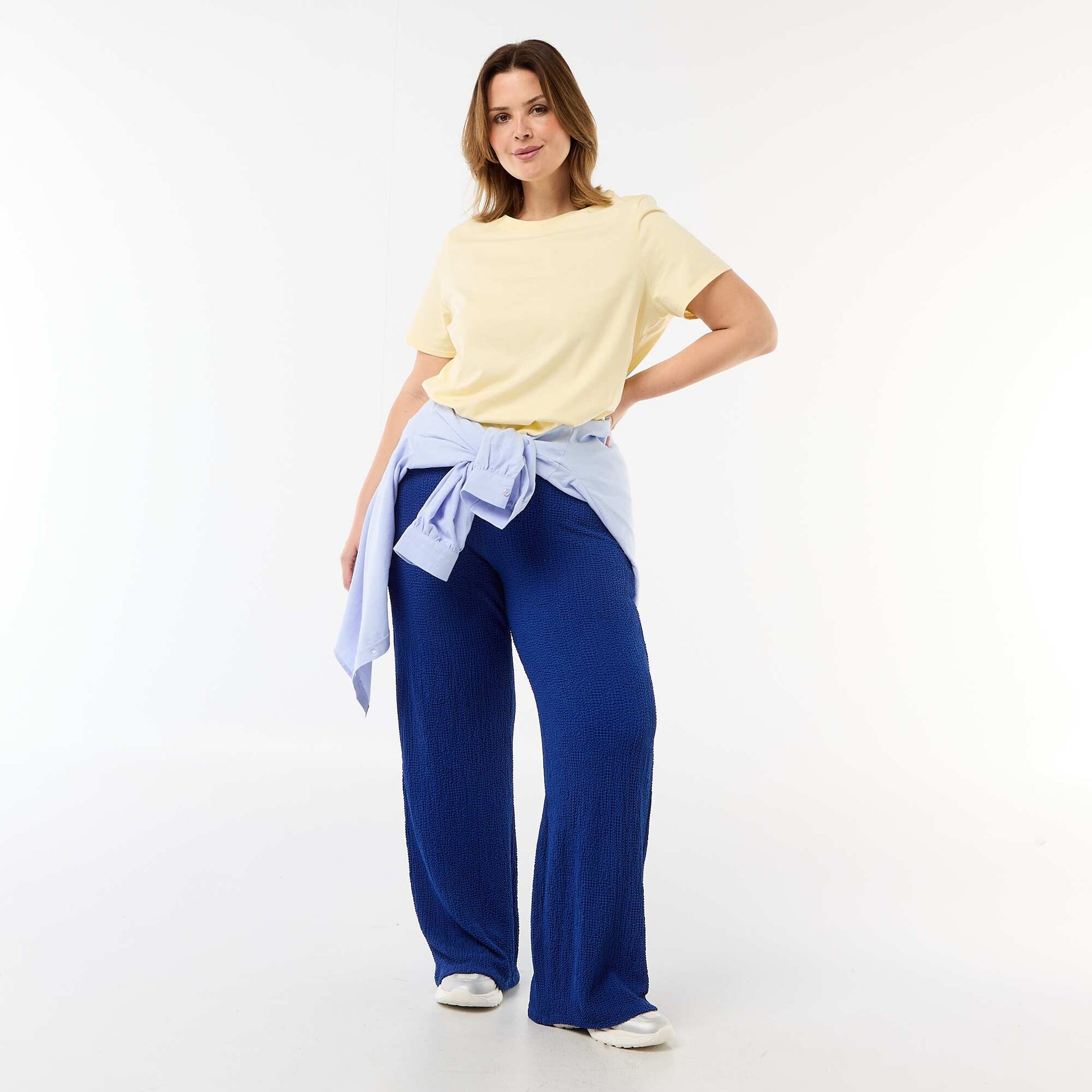 Pantalon large en maille gaufrée BLEU