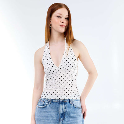 Top dos nu à pois en maille crinckle BLANC