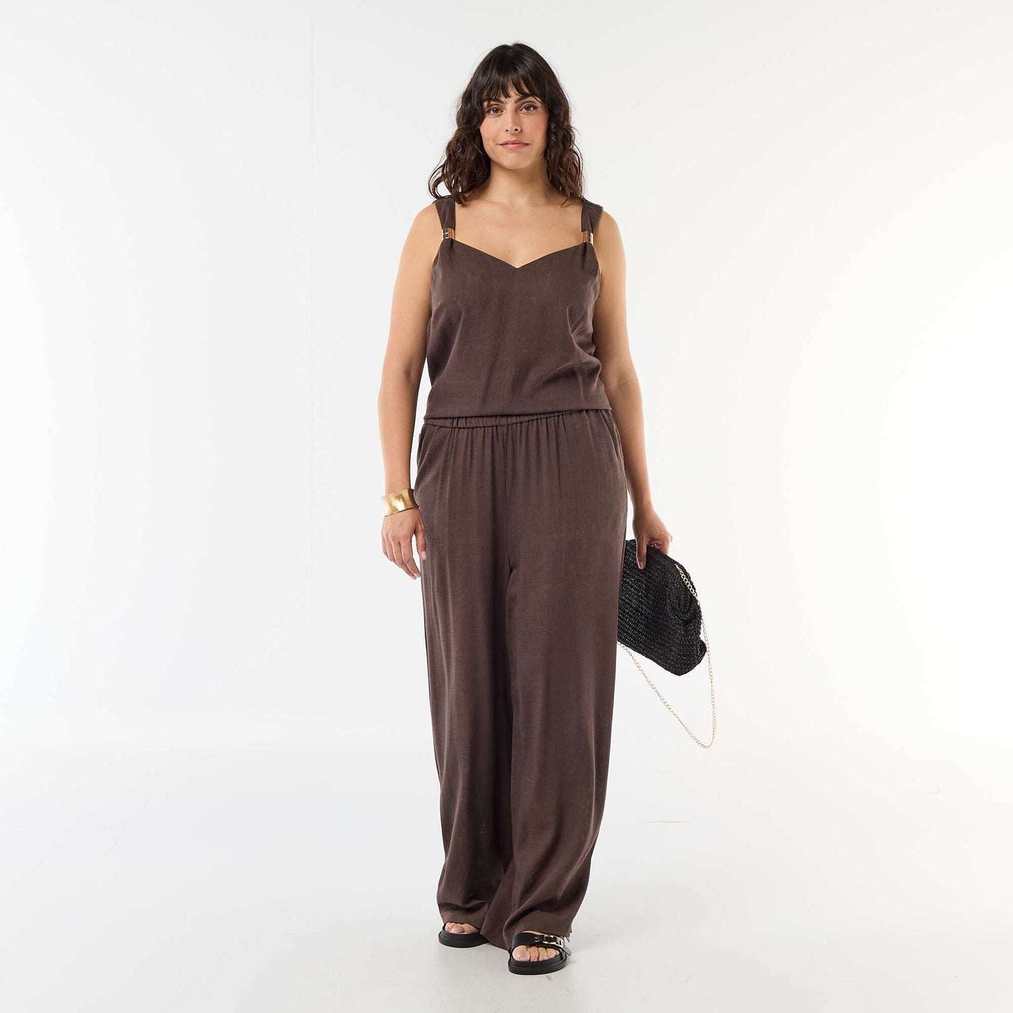 Pantalon large en lin mélangé MARRON
