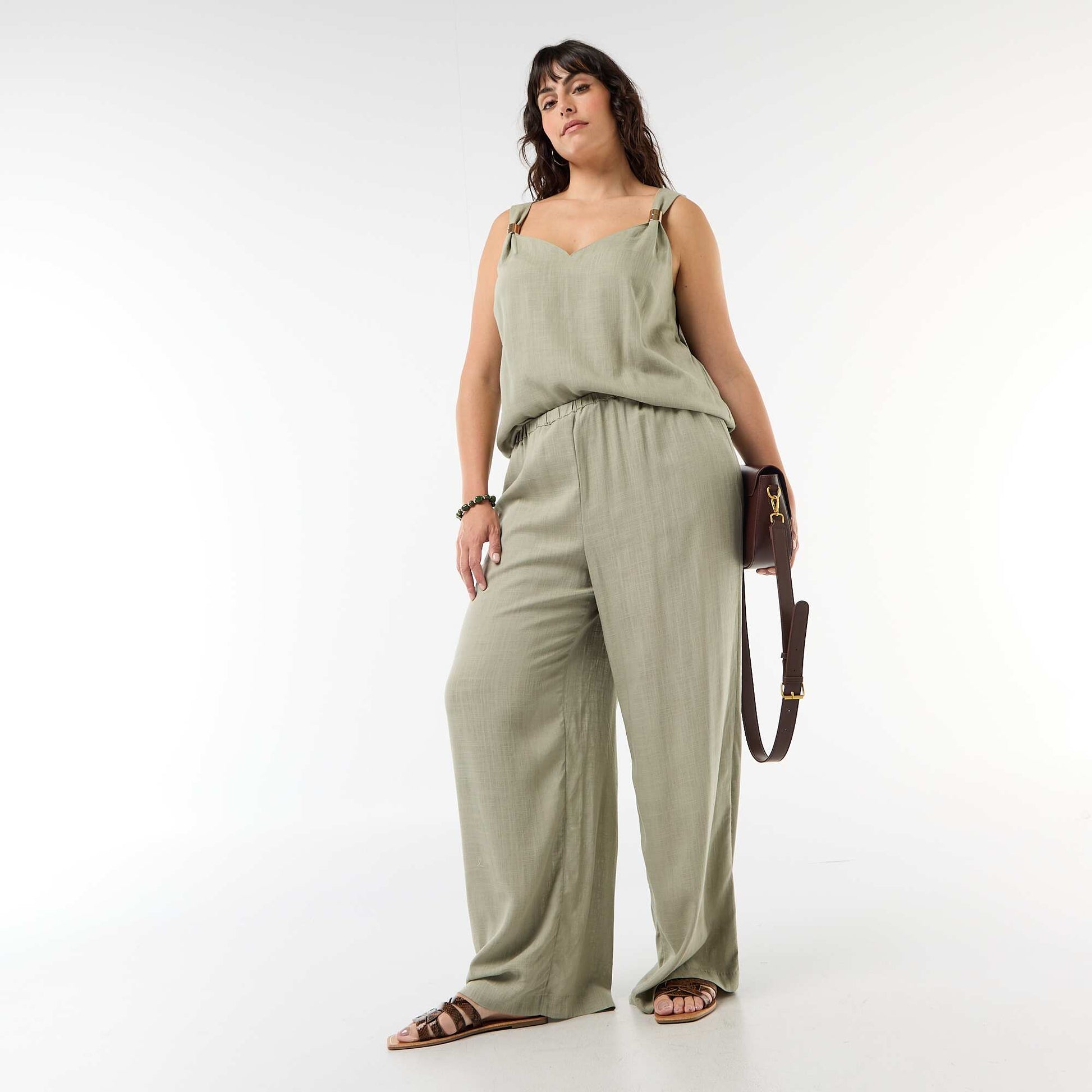 Pantalon large en lin mélangé VERT CLAIR