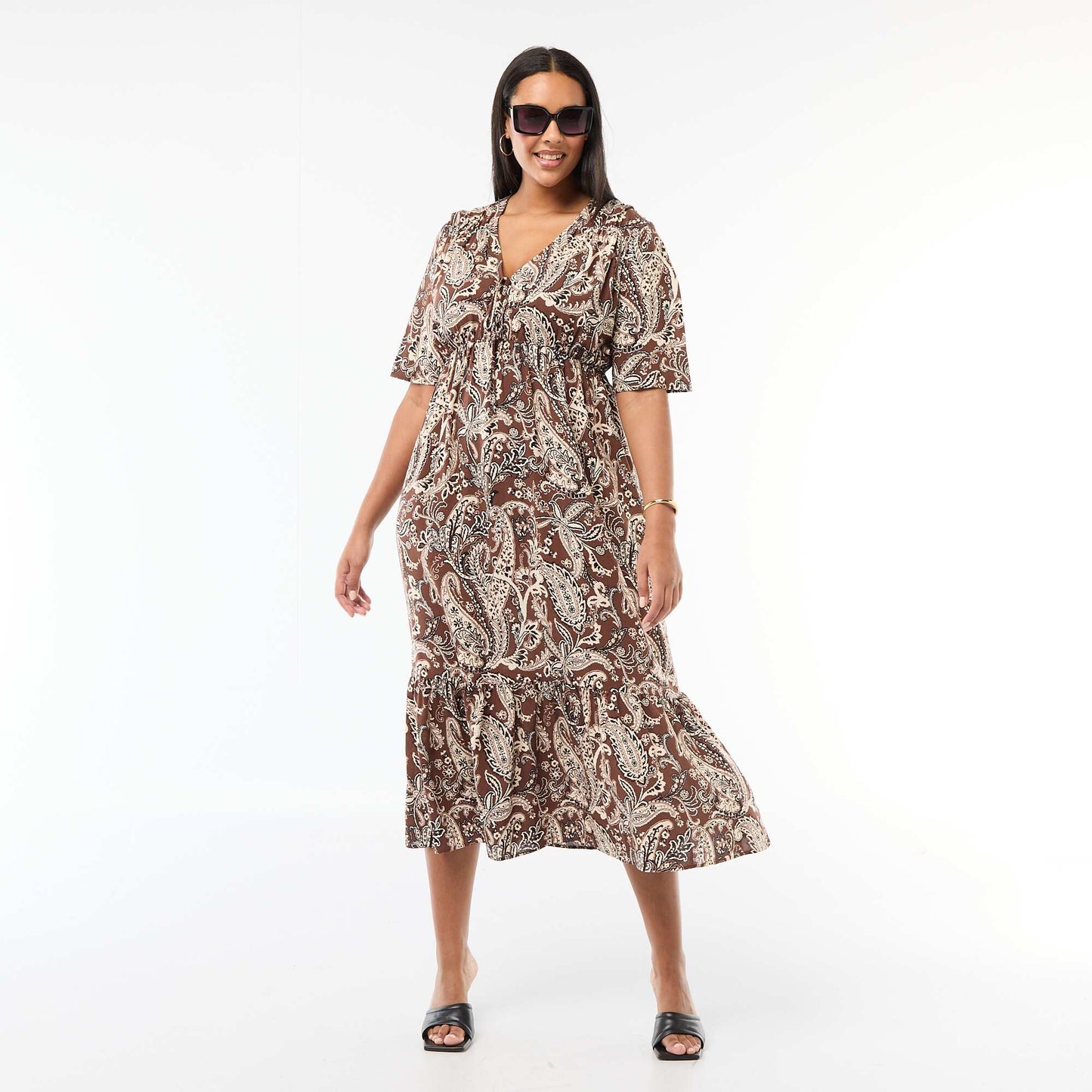Robe fluide imprimée fantaisie MARRON