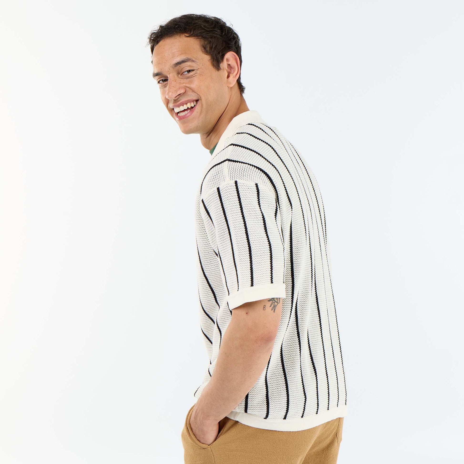 Chemise à manches courtes en maille ajourée BEIGE