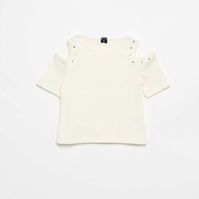 T-shirt côtelé avec clous et épaules nues BLANC