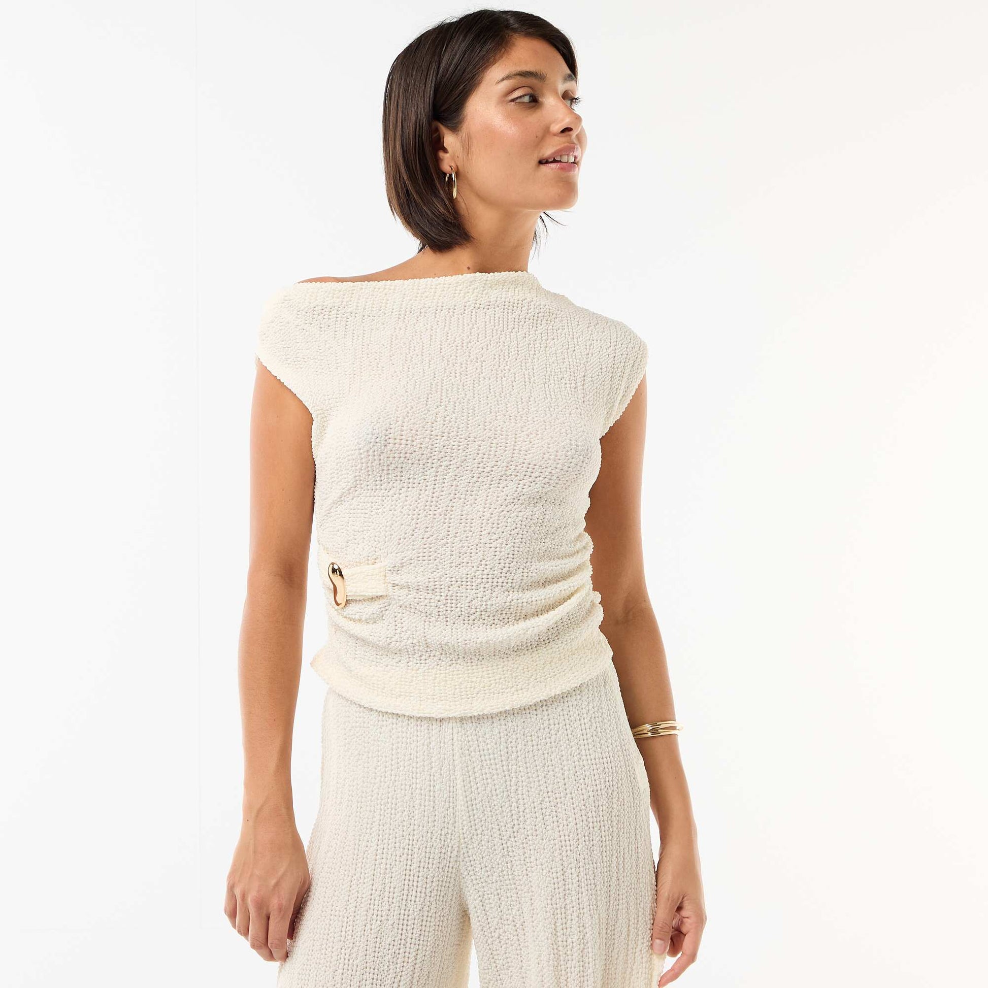 Top stretch uni asymétrique sans manches BLANC
