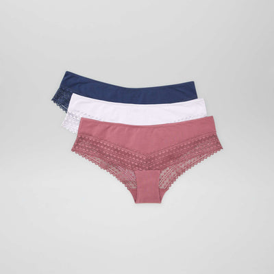 Lot de 3 shorty avec dentelle VIOLET/ROSE/BLEU MARINE