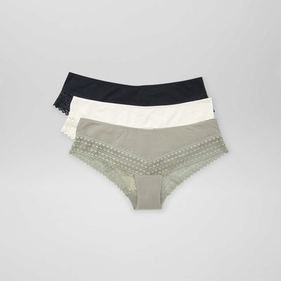 Lot de 3 shorty avec dentelle KAKI/ECRU/NOIR