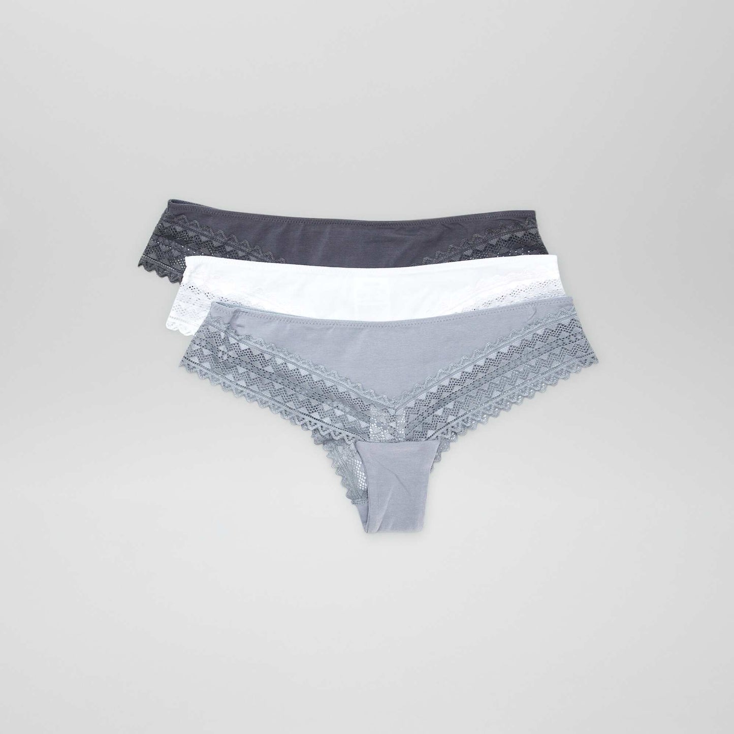 Lot de 3 tangas coton dentelle Blanc/gris