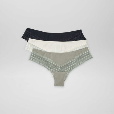 Lot de 3 tangas coton et dentelle KAKI