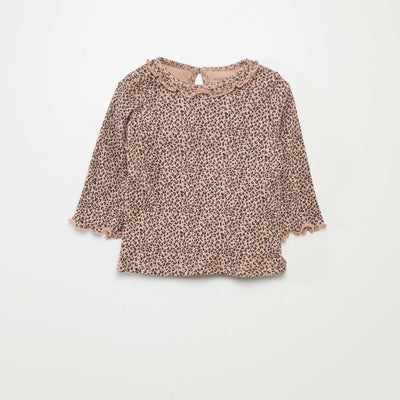 T-shirt en maille c tel e col volant Beige
