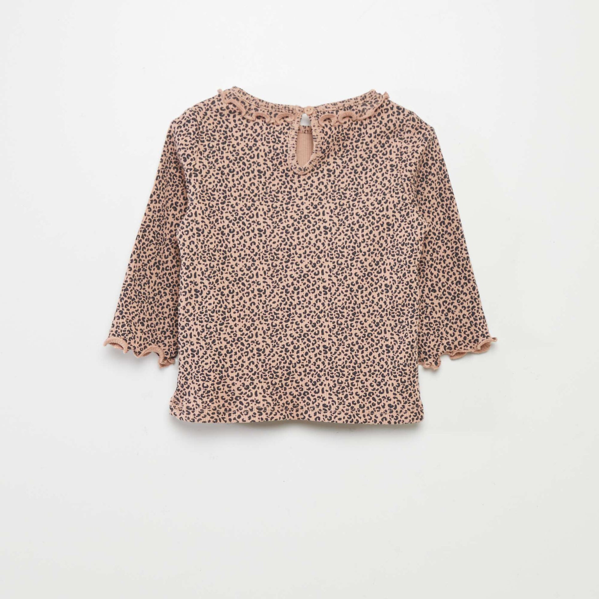 T-shirt en maille c tel e col volant Beige