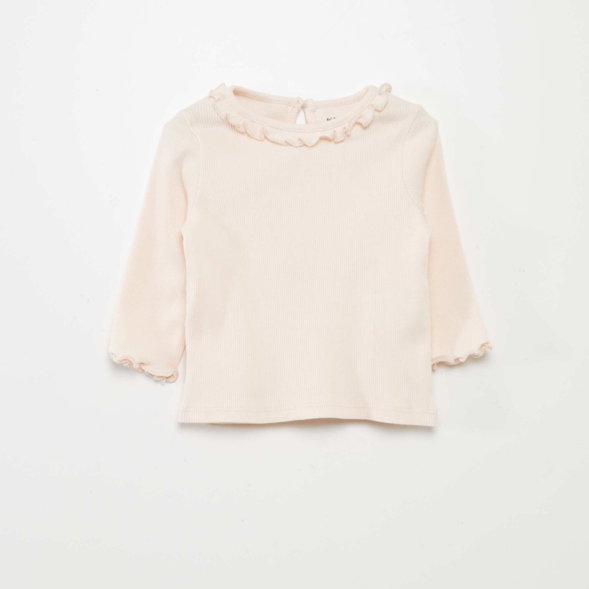 T-shirt en maille c tel e col volant Rose