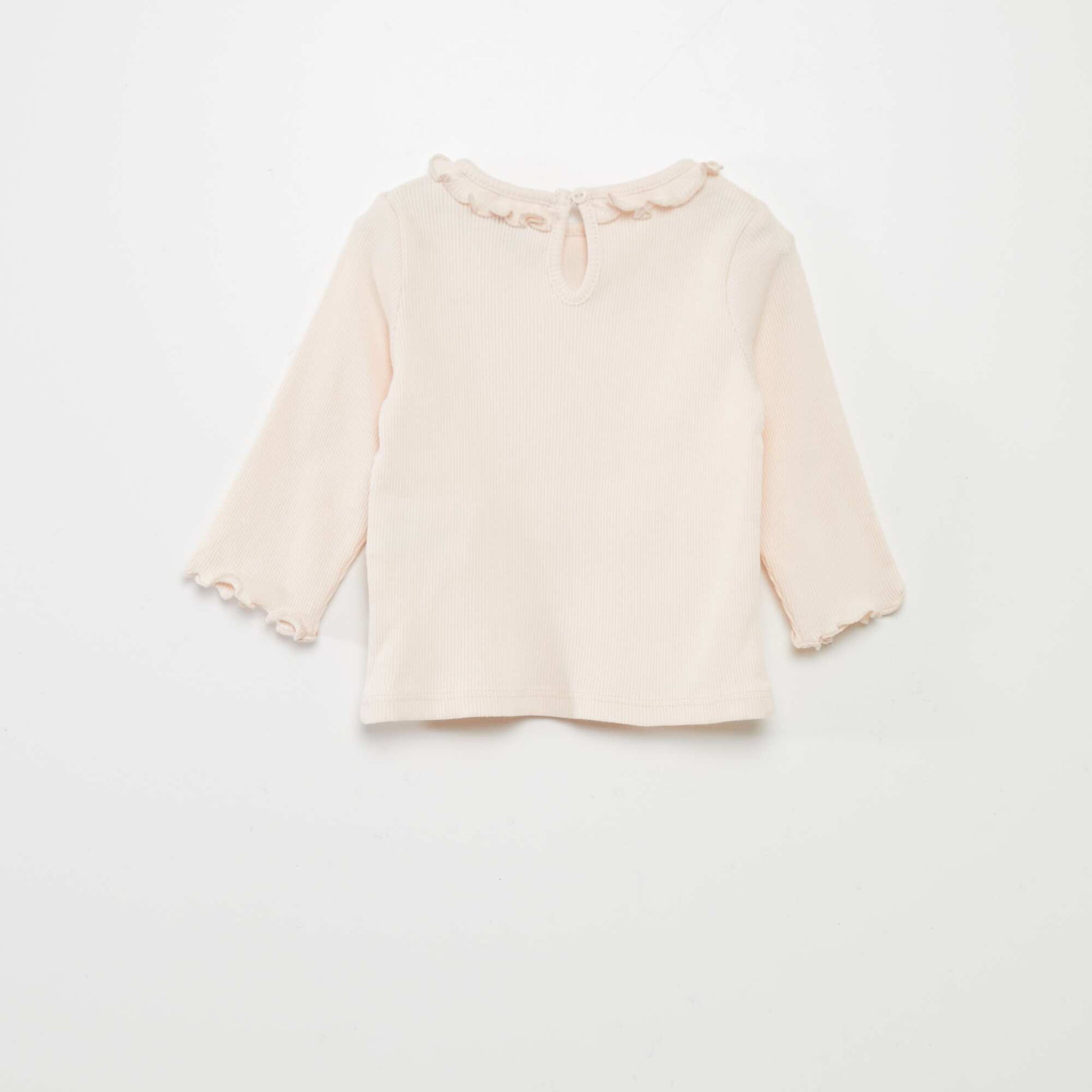 T-shirt en maille c tel e col volant Rose