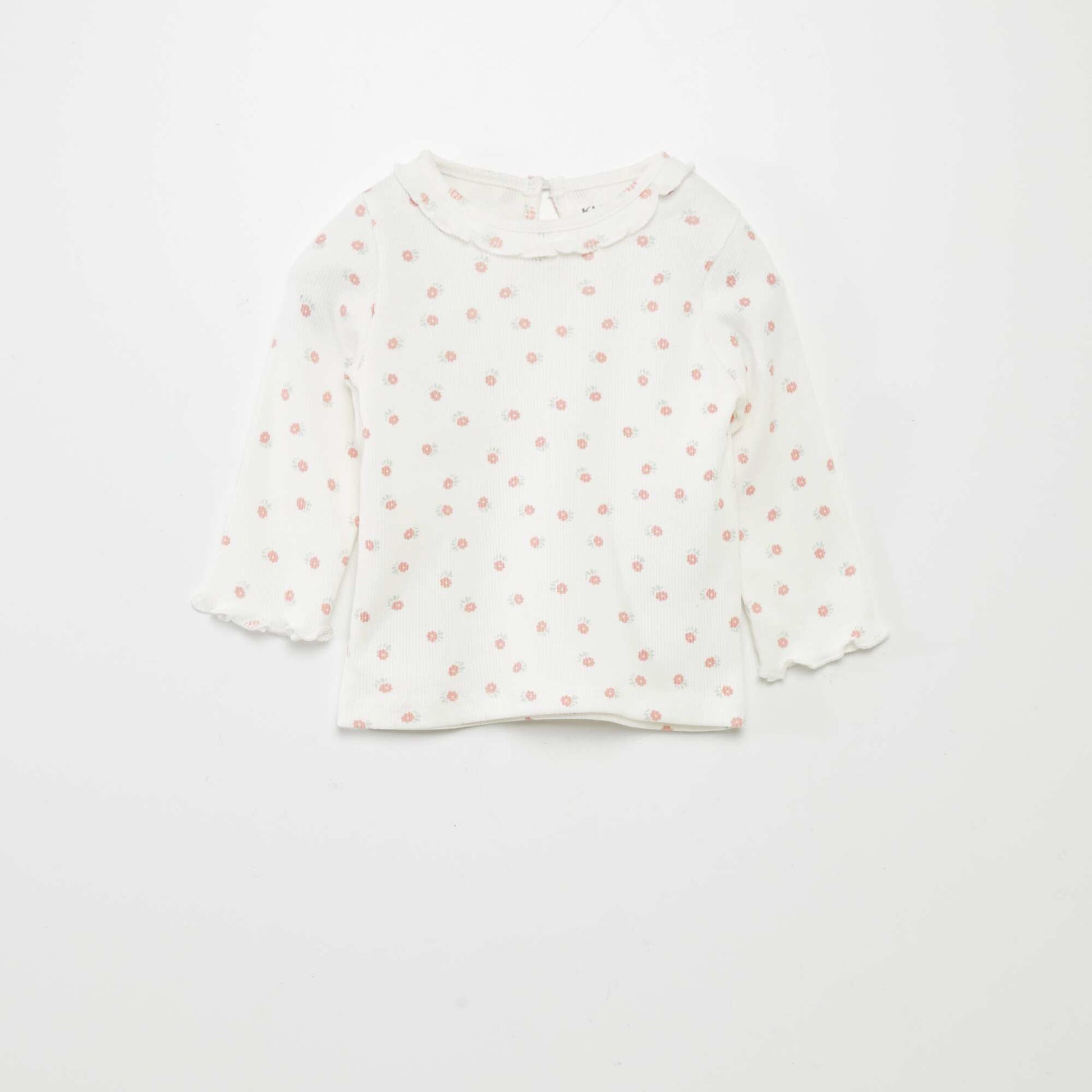 T-shirt en maille c tel e col volant Blanc