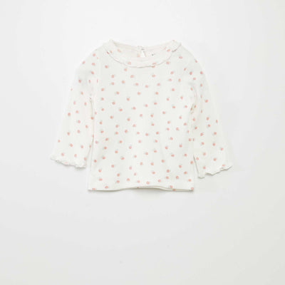 T-shirt en maille c tel e col volant Blanc