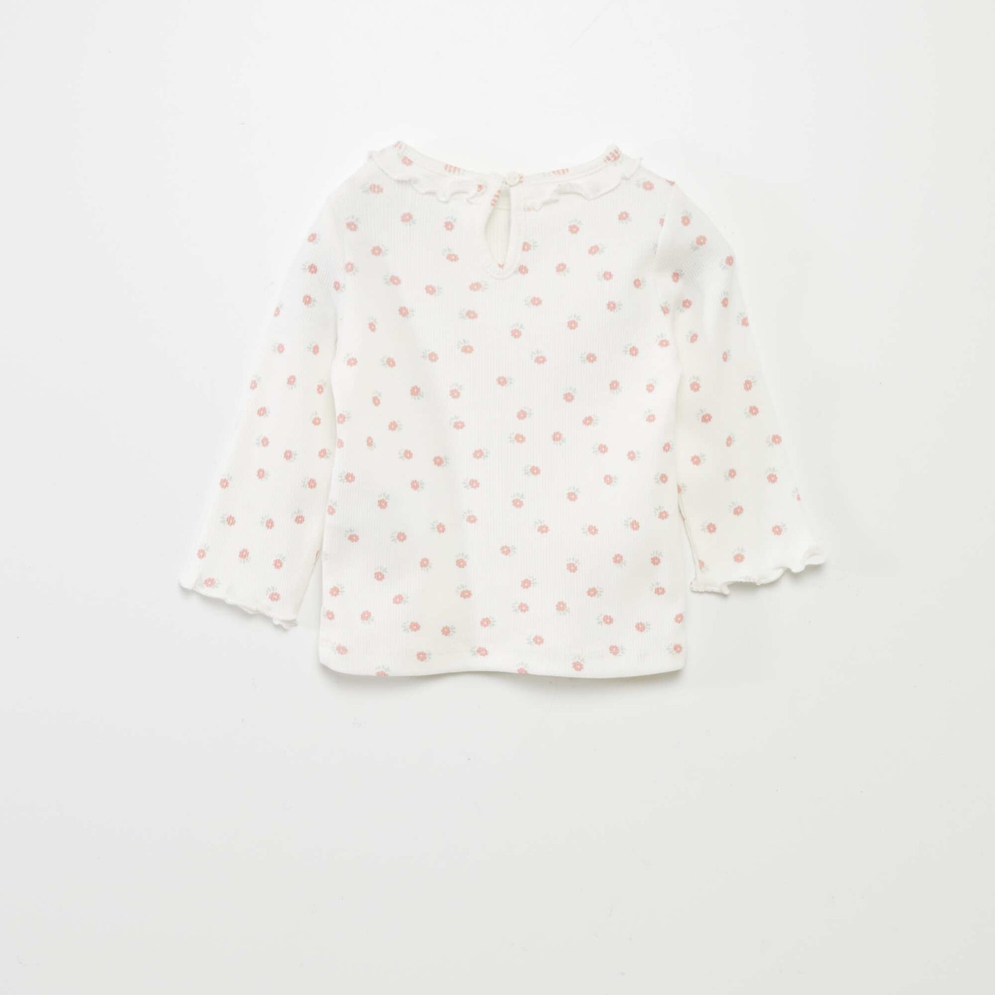 T-shirt en maille c tel e col volant Blanc