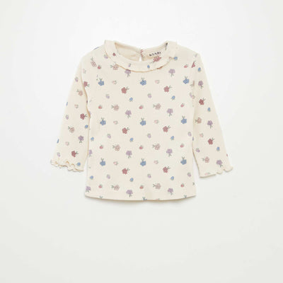 T-shirt en maille côtelée col volanté Blanc fleur