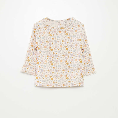 T-shirt en maille côtelée col volanté Rose fleur
