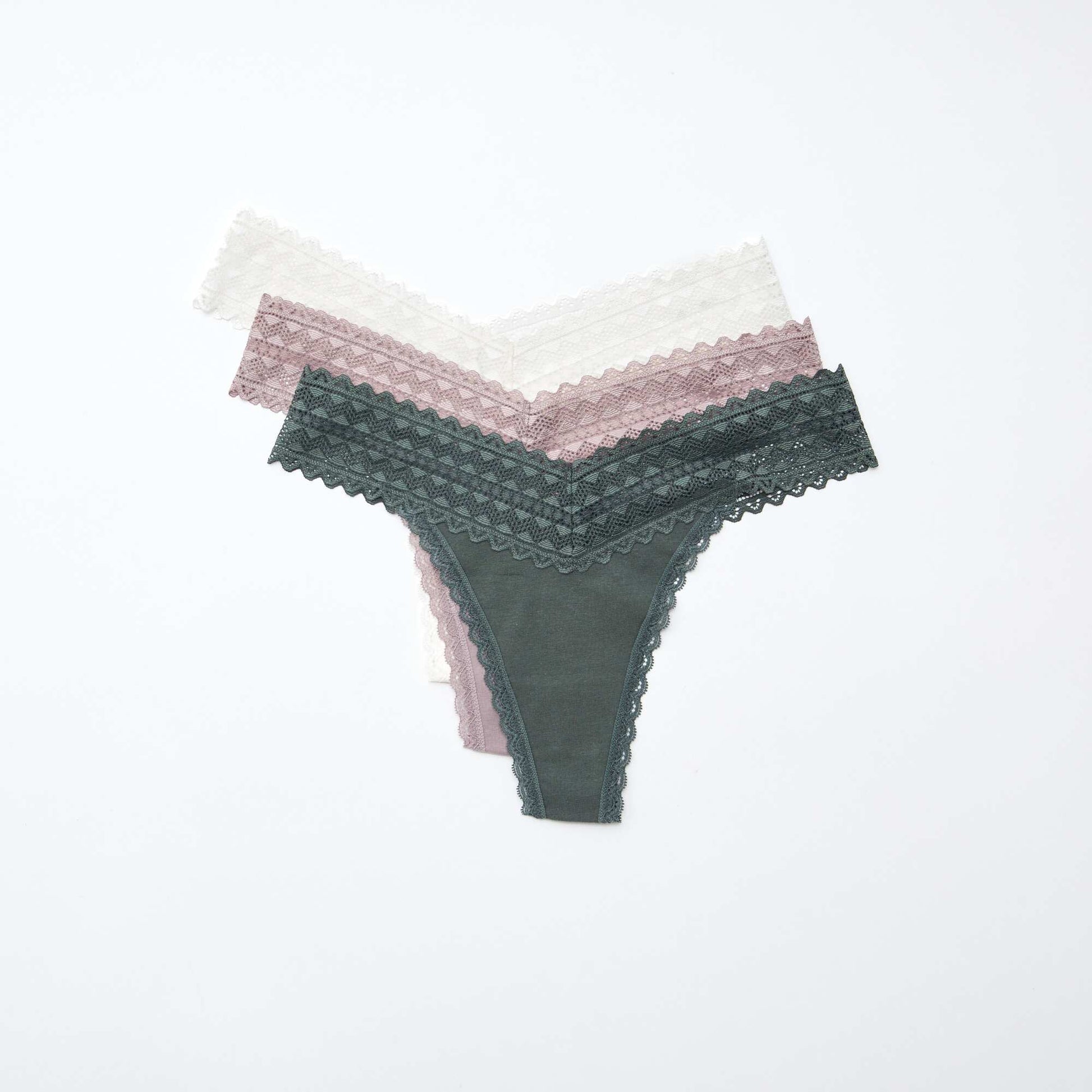 Lot de 3 strings coton et dentelle BLANC/GRIS/ROSE