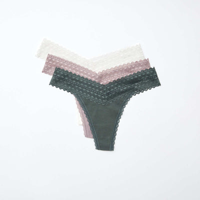 Lot de 3 strings coton et dentelle BLANC/GRIS/ROSE