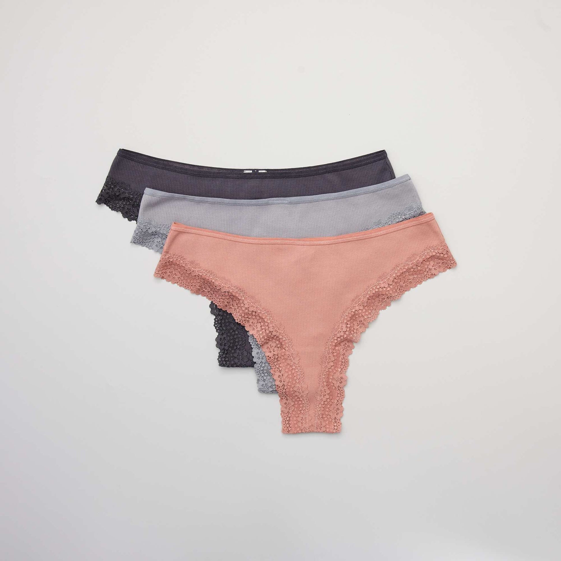 Lot de 3 tangas maille côtelée ROSE/GRIS BLEUTé/GRIS FONCé
