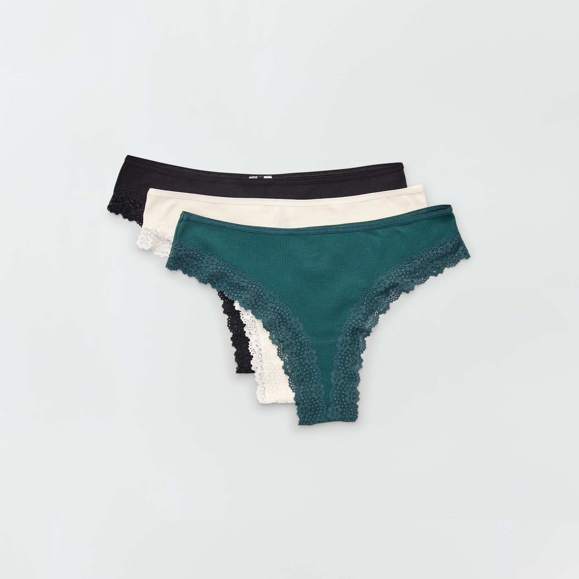 Lot de 3 tangas maille côtelée BEIGE/VERT/NOIR