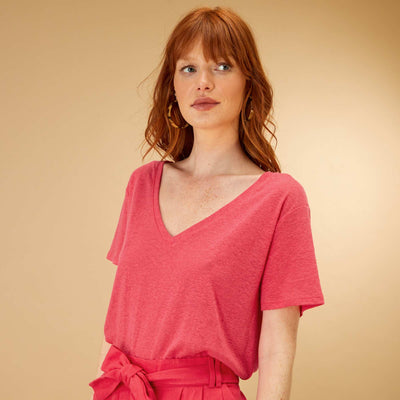 T-shirt basique en lin rose azal e
