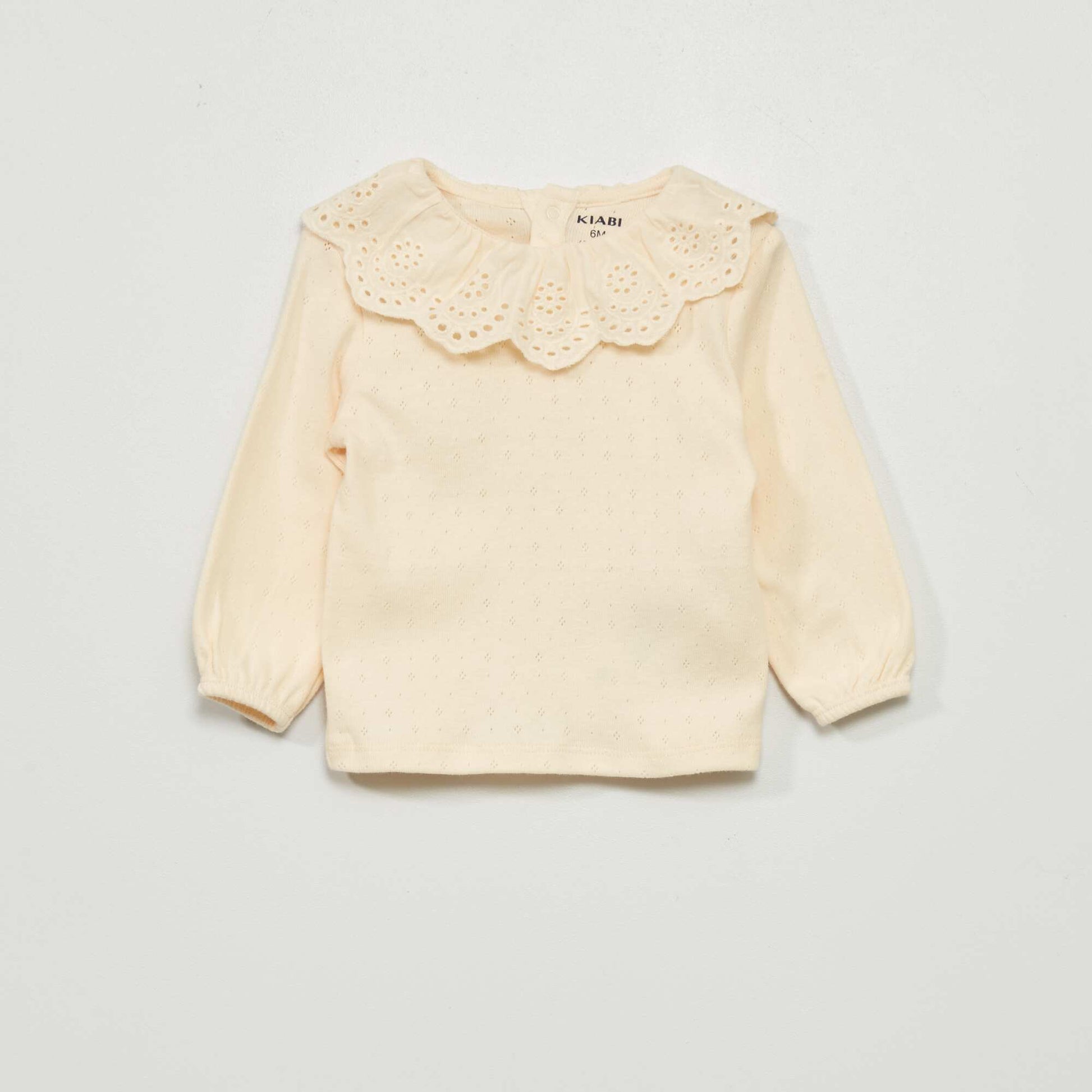 T-shirt en maille pointelle avec col dentelle Blanc