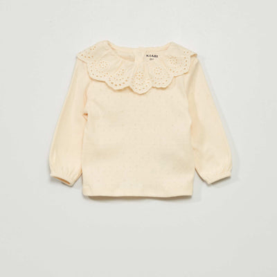 T-shirt en maille pointelle avec col dentelle Blanc