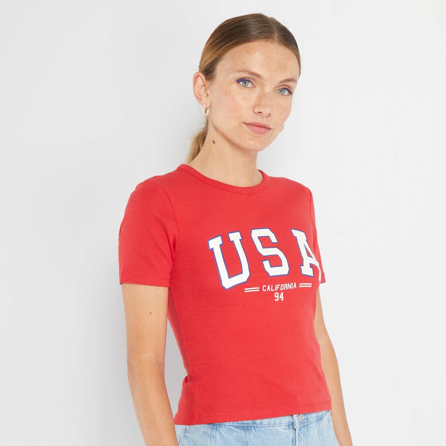 T-shirt court avec imprim style coll ge Rouge