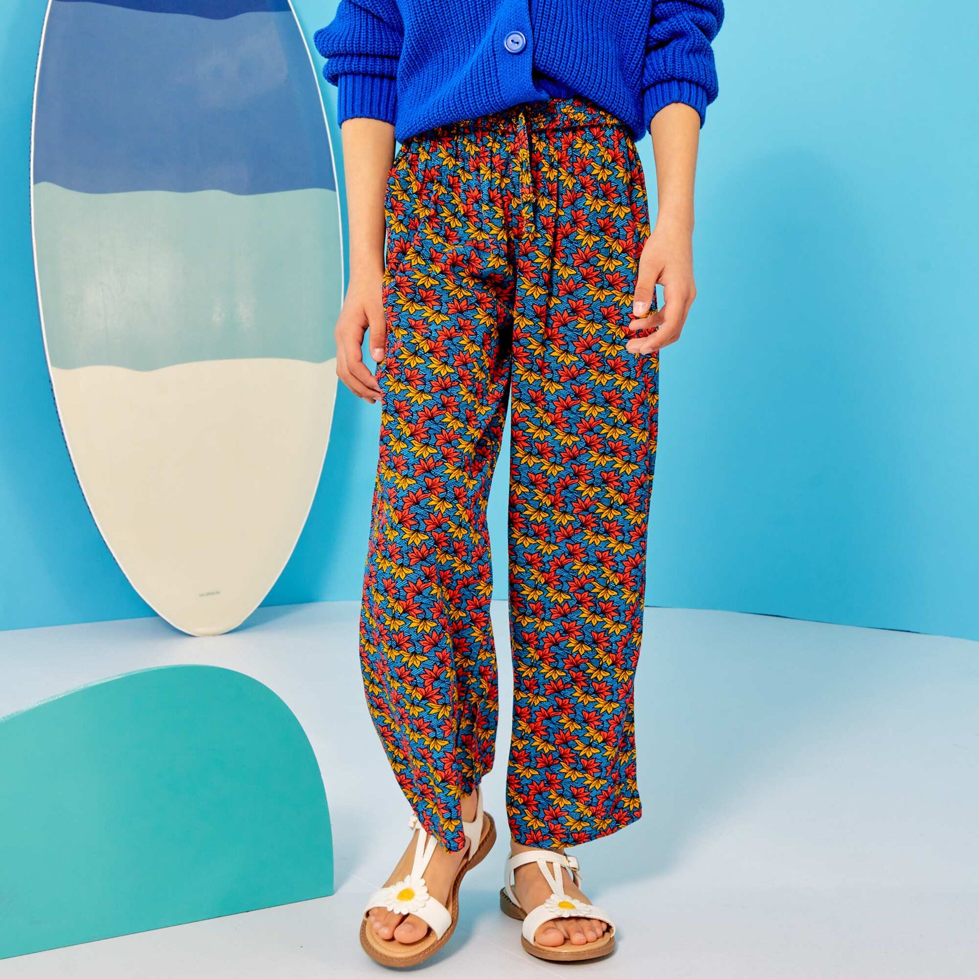 Pantalon fluide en maille cr pe imprim wax Bleu/orange/jaune