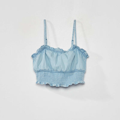 Top cropped en denim fines bretelles Bleu