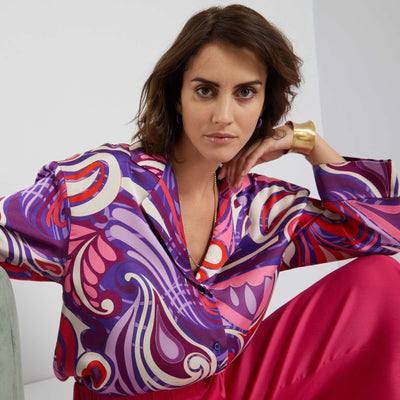 Chemise en satin imprim r tro Violet