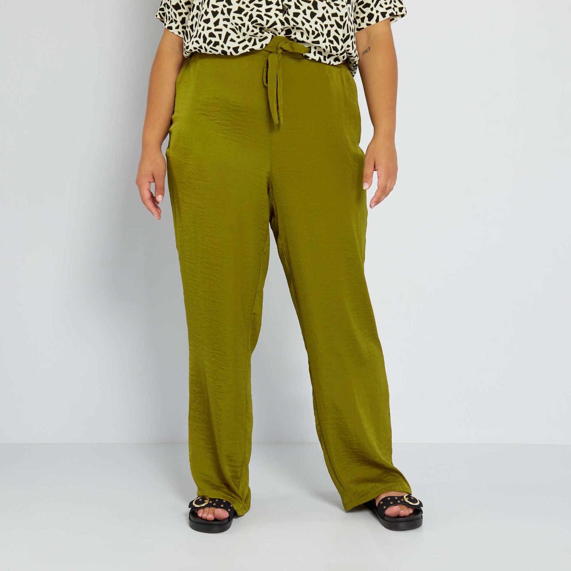 Pantalon large satin Kaki