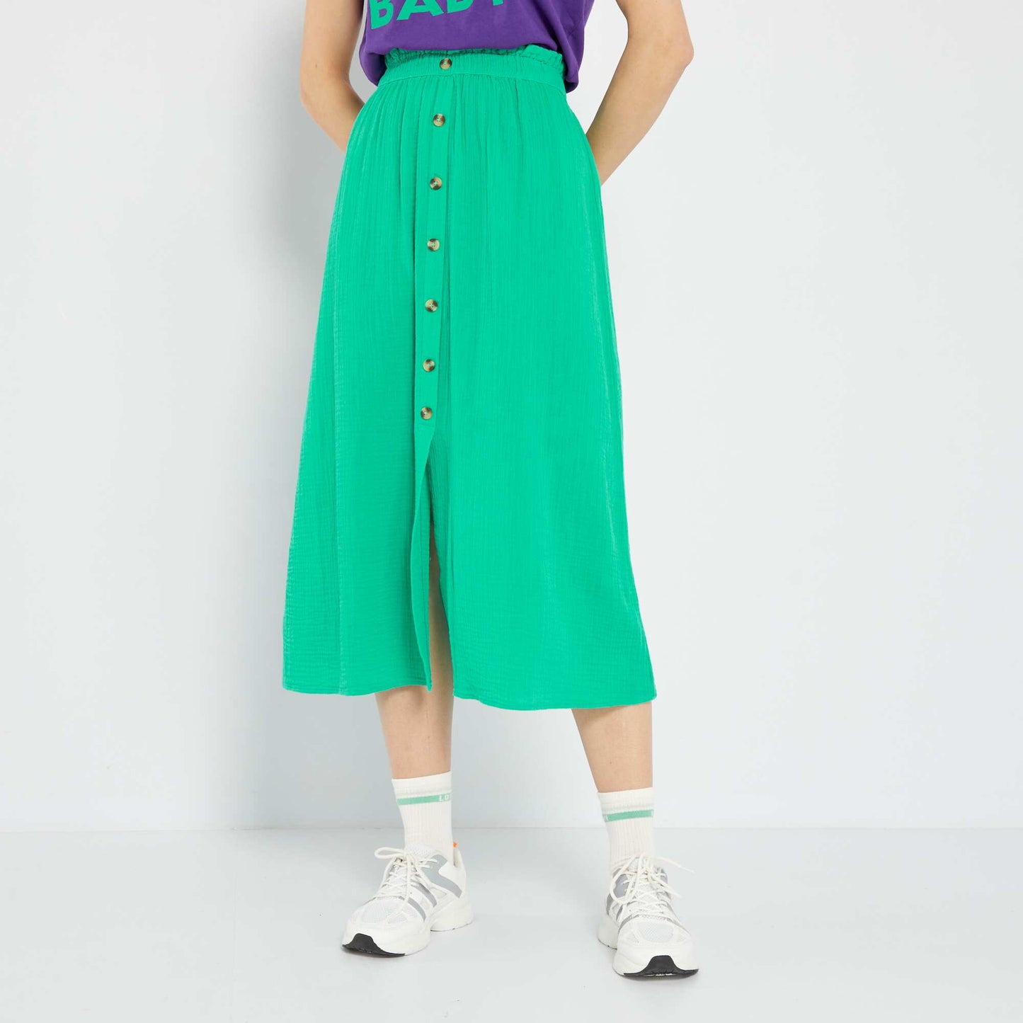 Jupe midi en gaze de coton Vert