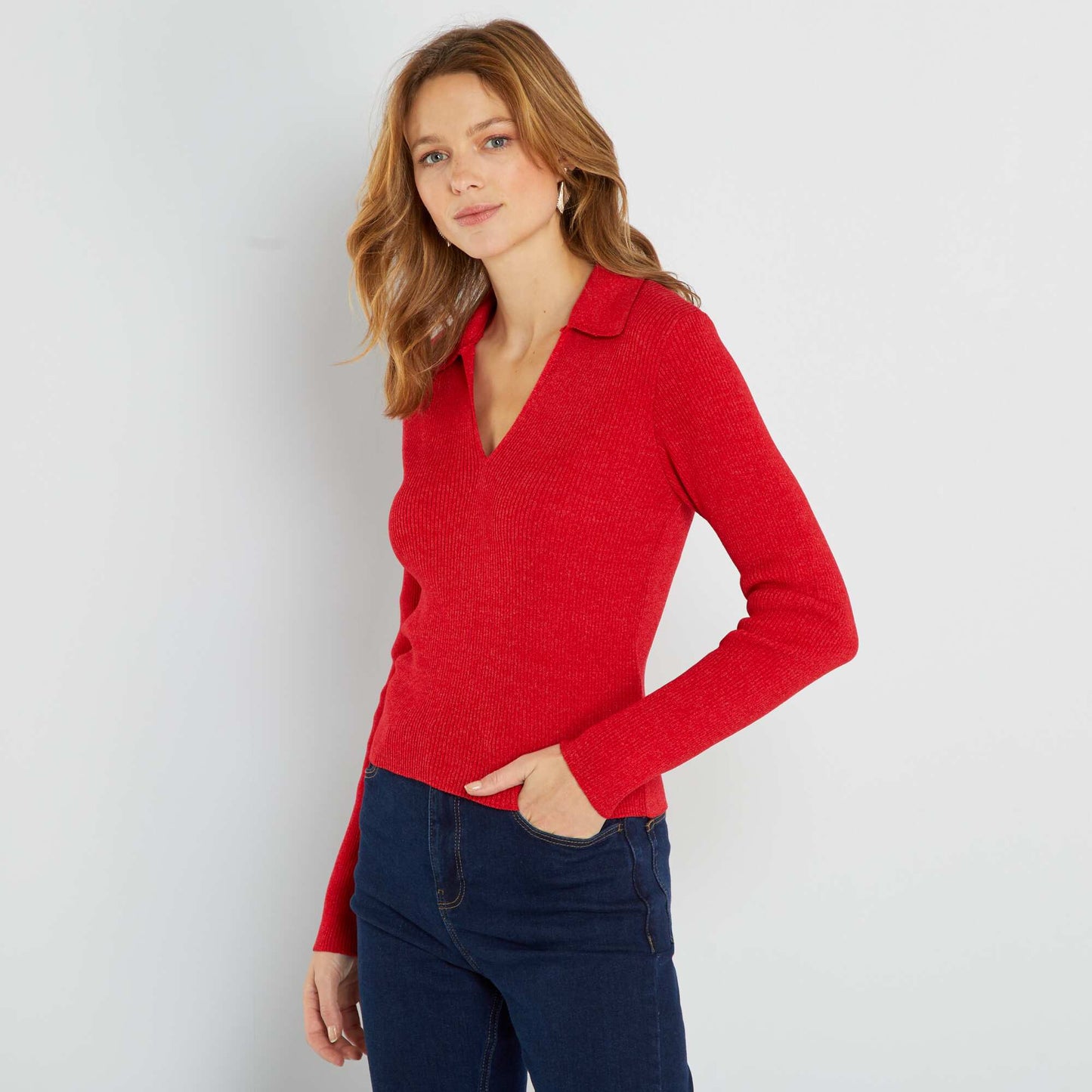 Pull col polo en maille Rouge