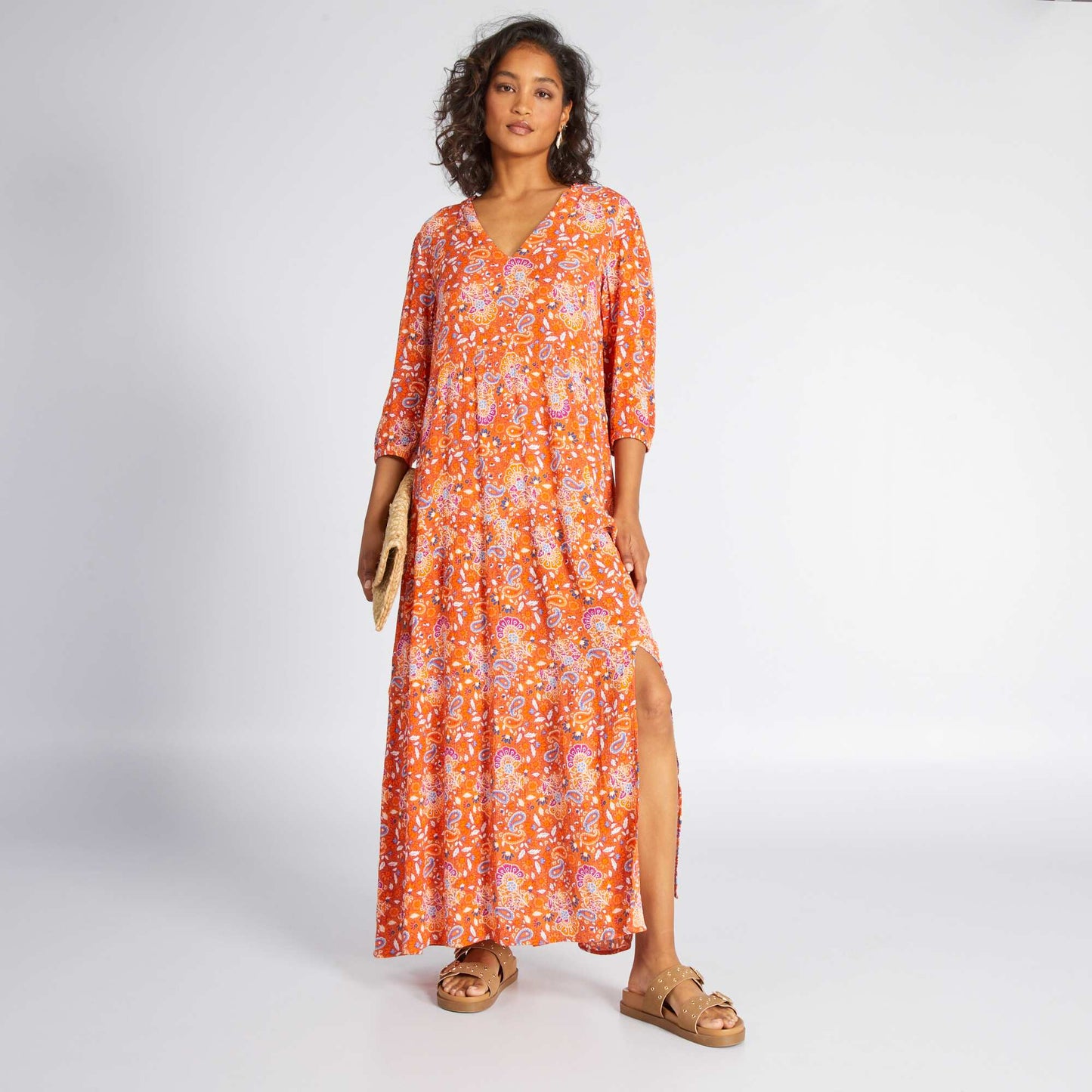 Robe longue en maile cr p e Orange