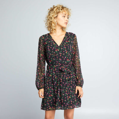 Robe motif avec ceinture nouer Noir fleuri