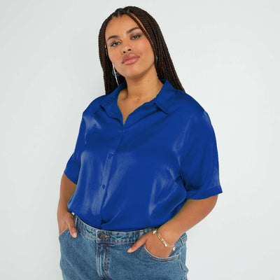 Chemisier satin col italien BLEU WEB