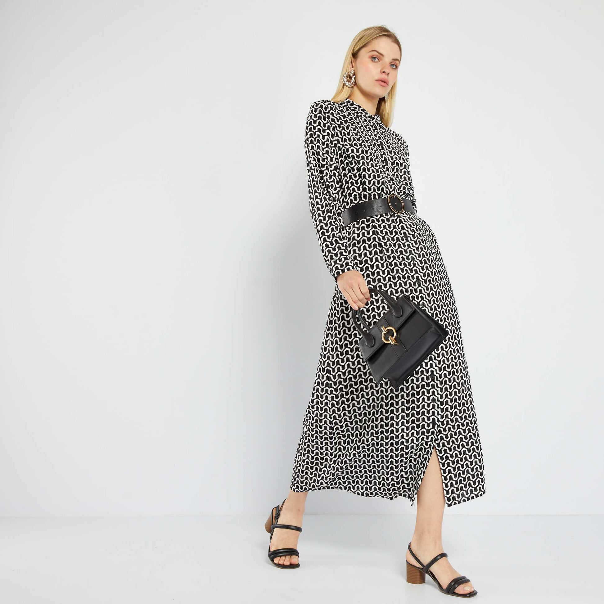 Robe chemise longue imprim e Noir - Main Image